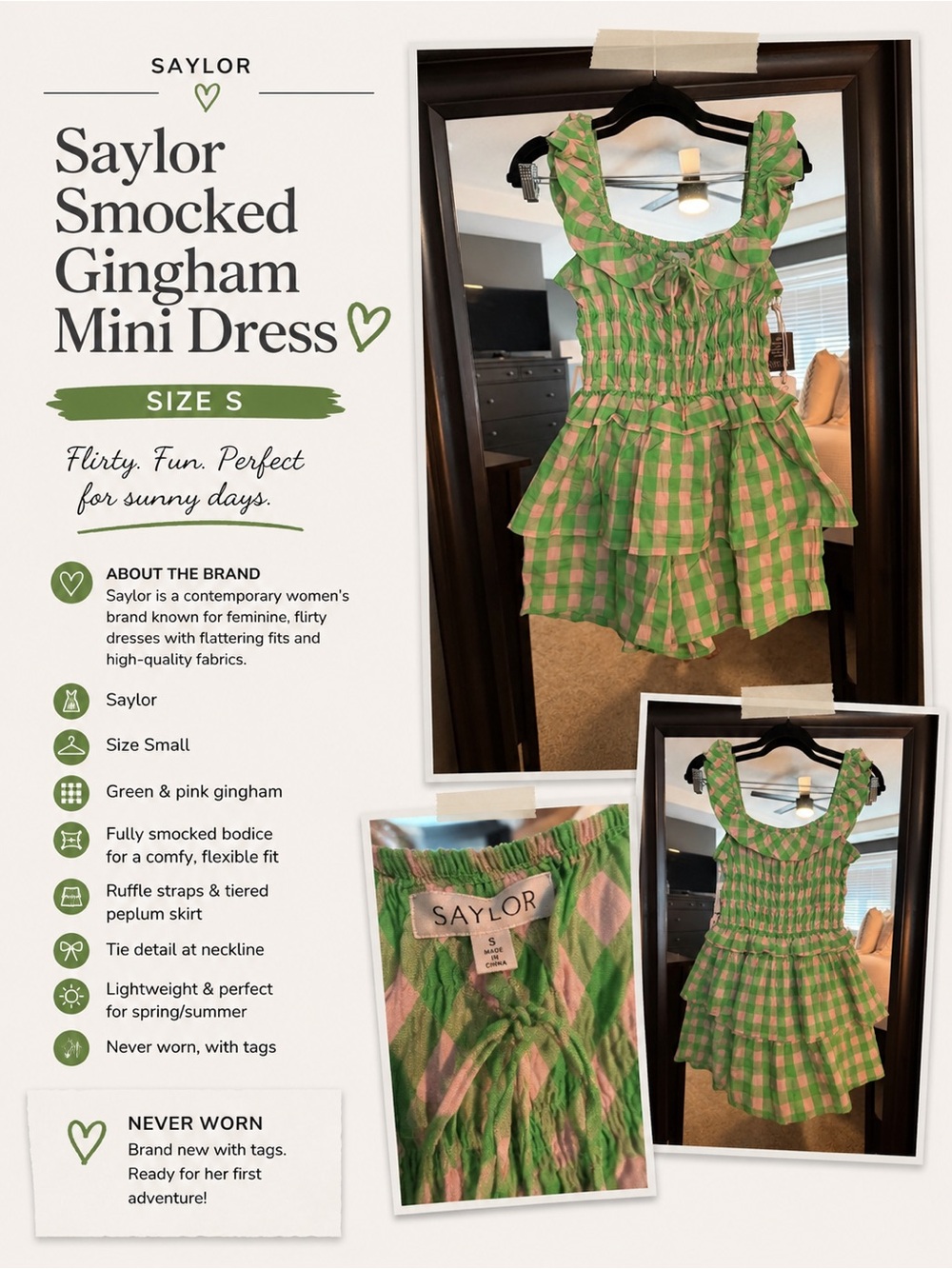 Saylor Pink & Green Gingham Smocked Ruffle Mini Romper | Size S NWT
